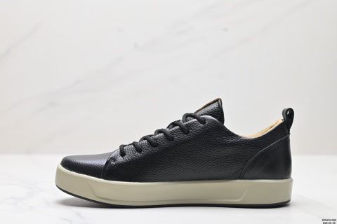 Ecco casual shoes, leather round toe flat shoes, men's low-top sneakers