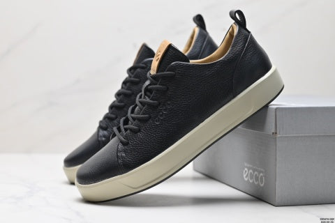 Ecco casual shoes, leather round toe flat shoes, men's low-top sneakers