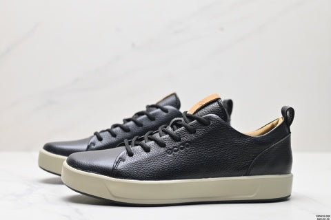 Ecco casual shoes, leather round toe flat shoes, men's low-top sneakers