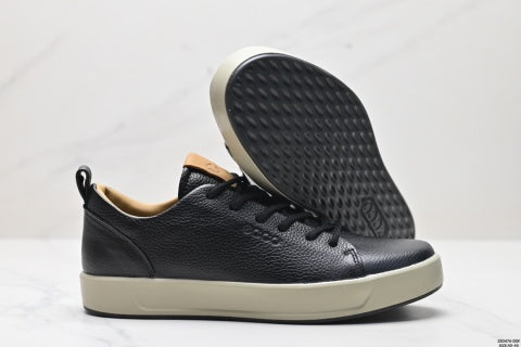 Ecco casual shoes, leather round toe flat shoes, men's low-top sneakers