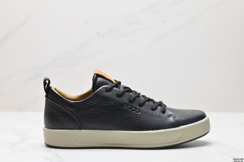 Ecco casual shoes, leather round toe flat shoes, men's low-top sneakers