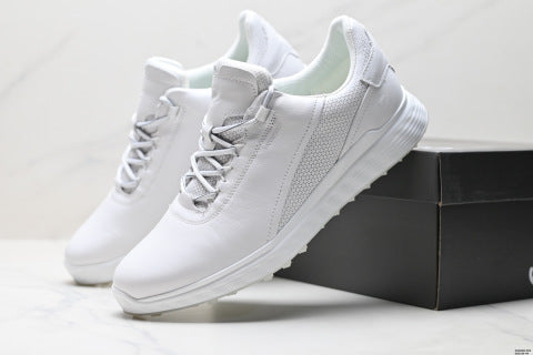 ECCO GOLF S-Three athletic shoes: patchwork upper, breathable mesh, lightweight, casual walking shoes.