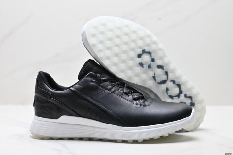 ECCO GOLF S-Three walking shoes, featuring a patchwork upper, breathable mesh, lightweight, and casual athletic design.