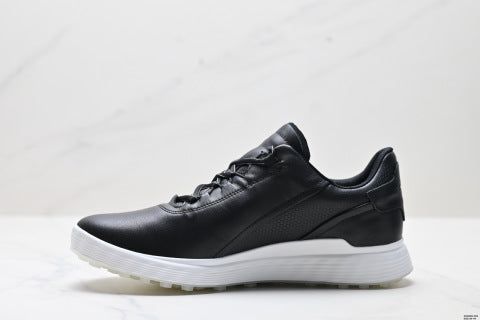ECCO GOLF S-Three walking shoes, featuring a patchwork upper, breathable mesh, lightweight, and casual athletic design.