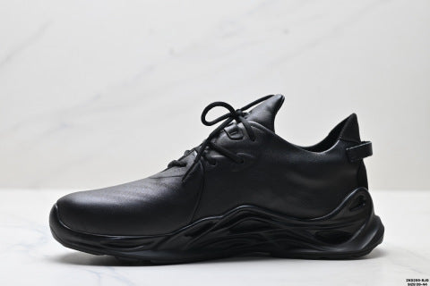 Ecco BIOM INFINITE series leather hiking shoes with round toe, thick sole, and laces.