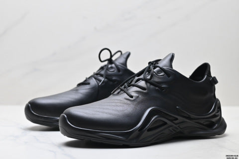 Ecco BIOM INFINITE series leather hiking shoes with round toe, thick sole, and laces.