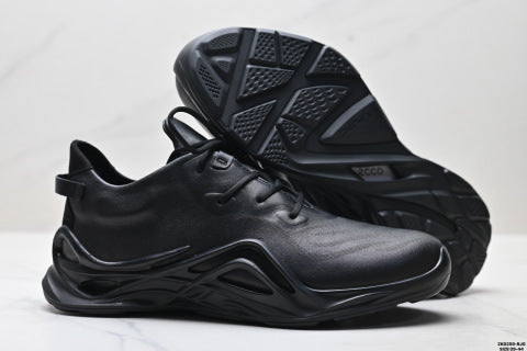 Ecco BIOM INFINITE series leather hiking shoes with round toe, thick sole, and laces.