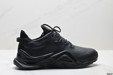 Ecco BIOM INFINITE series leather hiking shoes with round toe, thick sole, and laces.