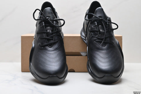 Ecco BIOM INFINITE series leather hiking shoes with round toe, thick sole, and laces.